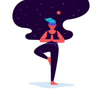 Flat and line illustration of a person practicing yoga with starry sky on the background