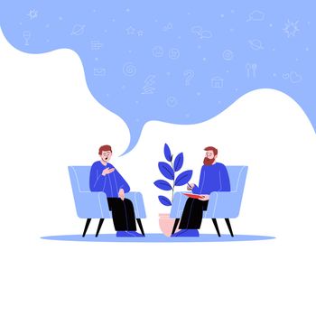 A man attending a therapy session with a male mental specialist. Personal psychotherapy session. Conversation with a psychologist. Icons in the speech bubble
