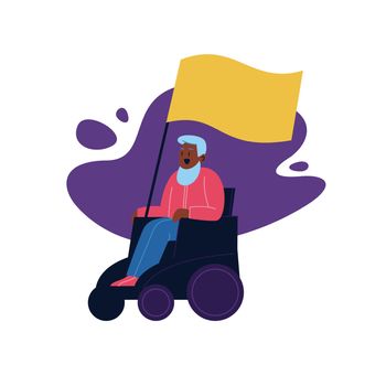 Flat illustration of a disabled man on a wheelchair holding a blank cardboard. Protest march member