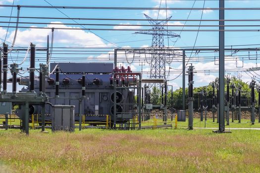 Electrical Transformer. Distribution of electric energy at a big