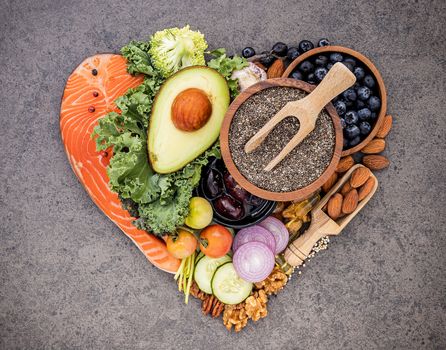Heart shape of ketogenic low carbs diet concept. Ingredients for