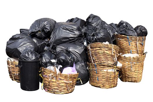garbage is pile lots dump isolated white background, many garbage plastic bags black waste in basket bin, pollution from trash plastic waste garbage, bags bin of plastic waste, pile garbage waste bin