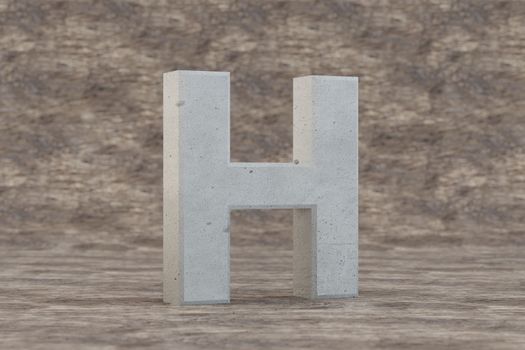 Concrete 3d letter H uppercase. Hard stone letter on wooden background. 3d rendered font character.