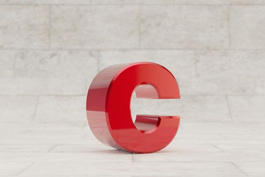 Red 3d letter C lowercase. Glossy red metallic letter on stone tile background. 3d rendered font character.