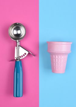 Ice Cream Cone and Scoop on Blue and Pink background