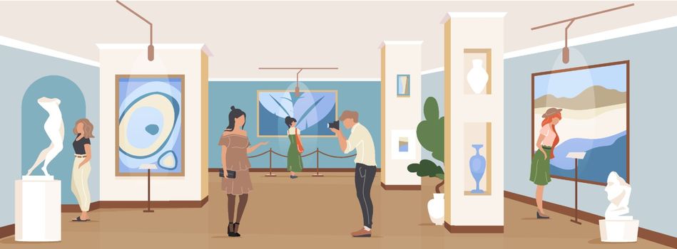 Tourist at gallery exposition flat color vector illustration