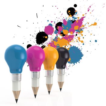pencil lightbulb head in cmyk color as creative design concept o