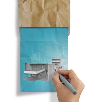 new modern architectural 3d on crumpled paper background