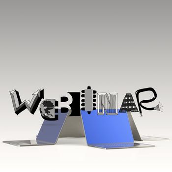 design word WEBINAR and laptop 3d computer as concept