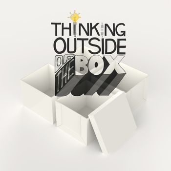 open box 3d and design word THINKING OUTSIDE OF THE BOX as conce