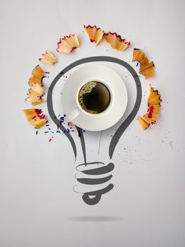 hand drawn light bulb with pencil saw dust and 3d cup of coffee 