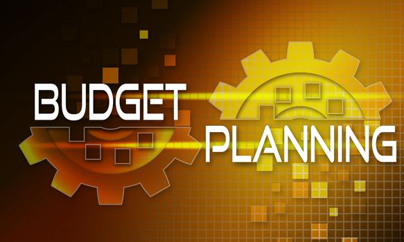 Budget planning concept text on the mechanism of gears. Technolo