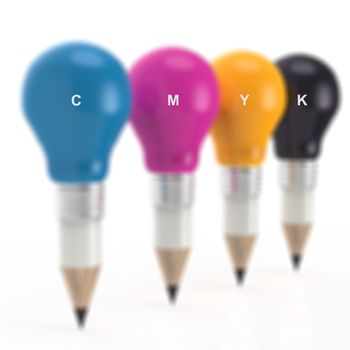 pencil lightbulb head in cmyk color as creative  concept