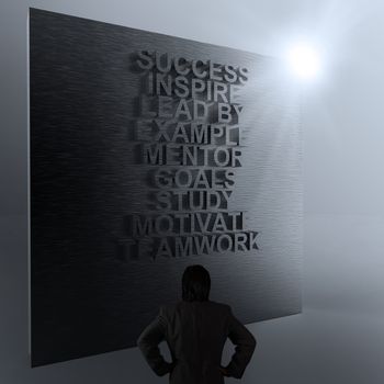 businessman thinking of success business diagram on metal wall as concept