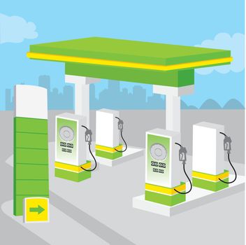 Petrol Gas and oil fueling station with shop Cartoon vector