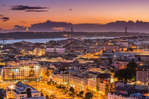 Evening panorama of Lisbon, Portugal. Picturesque sunset over the Portuguese Capital