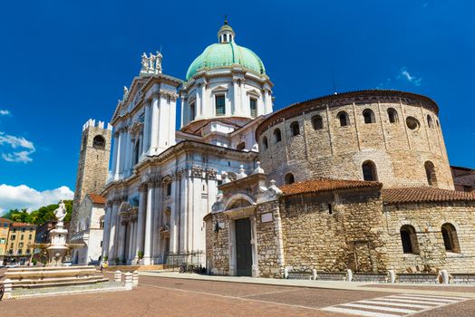 Brescia - July 2017, Lombardy (Lombardia), Italy: The Old Cathedral of Brescia and "Cattedrale di Santa Maria Assunta" (Cathedral of The St. Maria Assunta) in the central part of the city