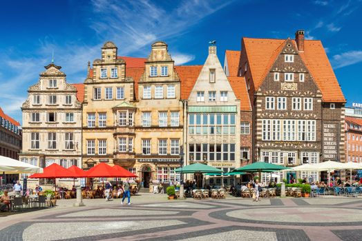 Bremen - July 2018, Germany: Historical houses in traditional architecture style, the main square of the city. One of the most famous cities in the Northern part of Germany