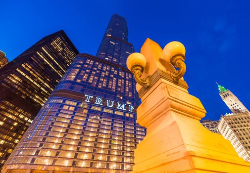 Chicago - March 2017, IL, USA: Trump Tower skyscraper at night. Wide angle view. High rise building of one of the most famous skyscrapers in the city of Chicago