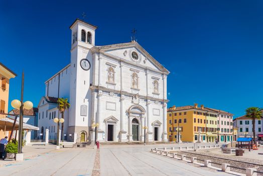 Palmanova - April 2016, Italy: Cathedral of Palmanova (Duomo Dogale), central square in The Fortress Town, popular tourist destination in Friuli Venezia Giulia region
