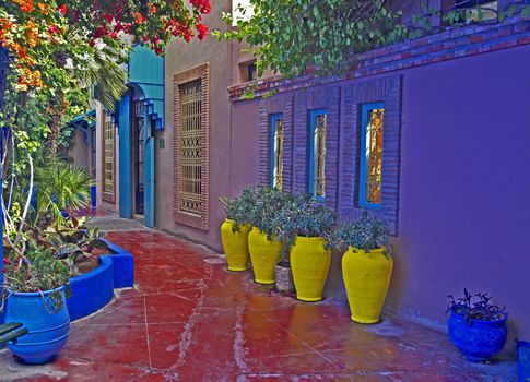 A view of a Colourful terrace with yellow pottery containers in Marrakech
