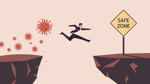 Business Man SMEs Runaway Covid-19, Coronavirus Crisis Jumping Through The Gap Obstacles of Cliff Edge to Safe zone. Meaning is Survive or Handle or Control His Business or Company or Finance. Vector
