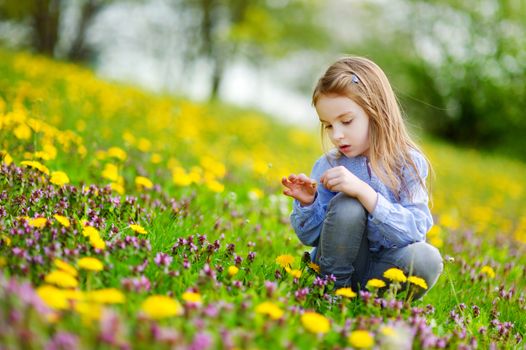 Adorable little girl in dandelion flowers