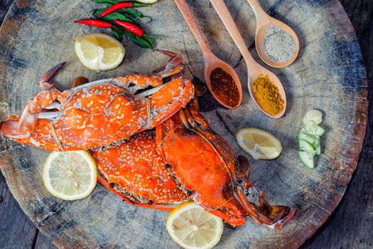 jumbo crab and spices herb on dark background

