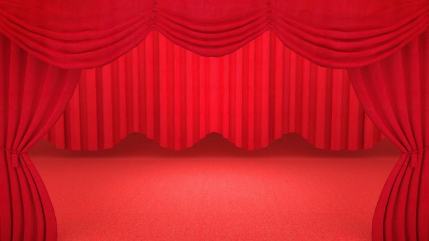 Background with red theatre curtain., 3D rendering.