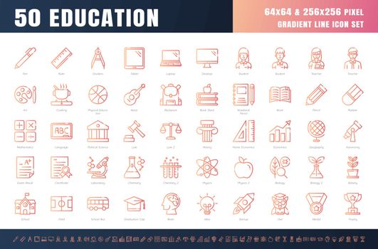 Vector of 50 Education and School Subject. Gradient Line Outline Icon Set. 64x64 and 256x256 Pixel Perfect. Expanded Stroke. Vector.