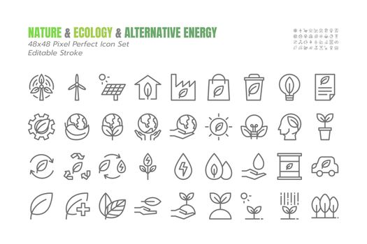 Simple Set of ECO Vector Thin outline Icons. such as Environment, Ecolgy, Renewable Energy, Alternative Power, Bio Fuel, Recycle, Green Mindset, Water Drop 48x48 Pixel Perfect. Editable Stroke