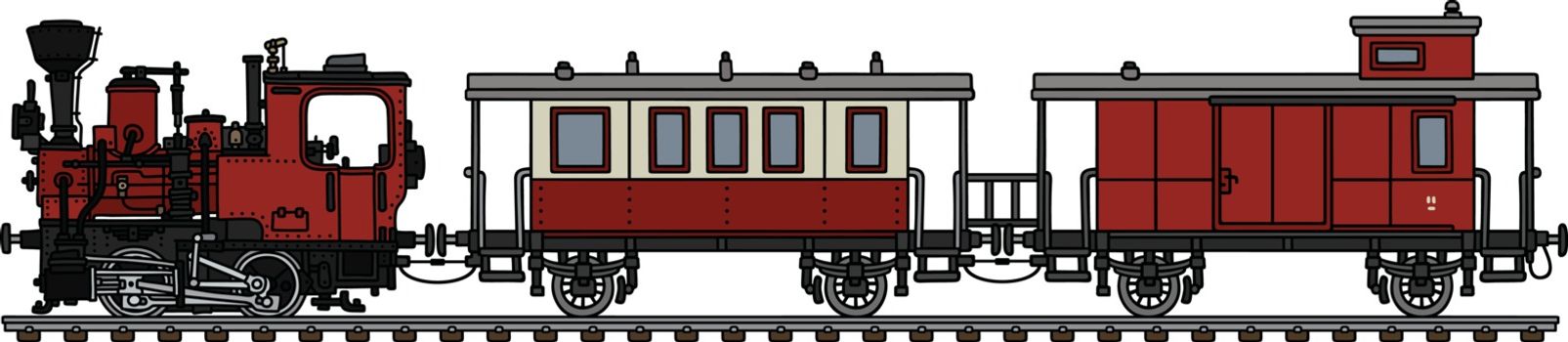The vectorized hand drawing of a vintage red small steam train