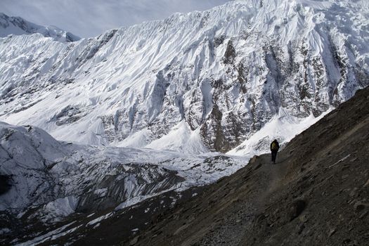 Solo trekker on mountain, enjoying in nature, landscape photogra