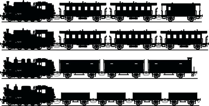 Four black silhouettes of steam trains