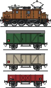The vectorized hand drawing of a retro electric freight train