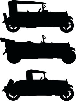 Three black silhouettes of vintage cars