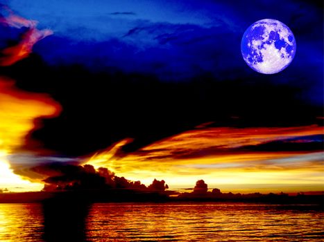 supper moon sunset sea ship on horizon line bird fly on night cl