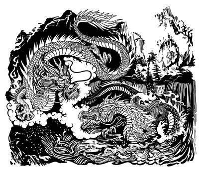 Two Chinese East Asian dragons in the landscape with waterfalls, mountains, clouds and water waves. Black and whit graphic style vector illustration