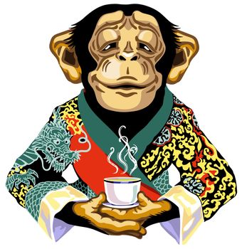 chimp in red kimono holding cup of tea