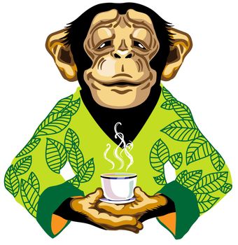 chimp in green kimono holding cup of tea