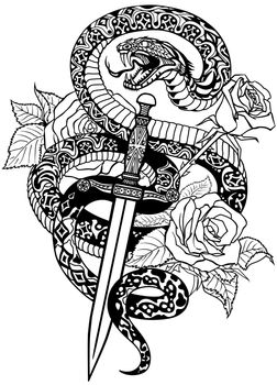 snake, dagger and roses black and white tattoo