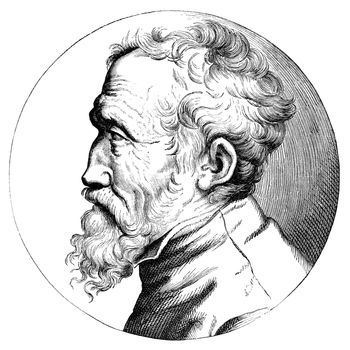 An engraved illustration drawing of Michelangelo artist, painter