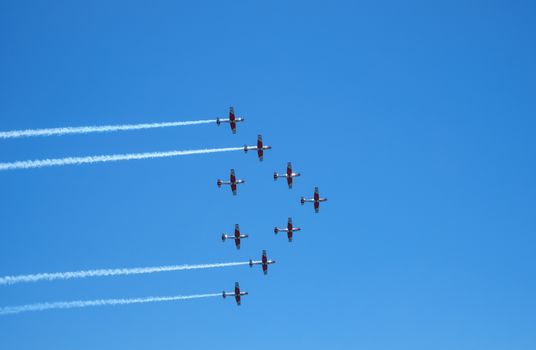 Aircrafts aerobatic group performing a demonstration flight
