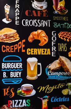 Restaurant menu chalkboard on the Spanish street