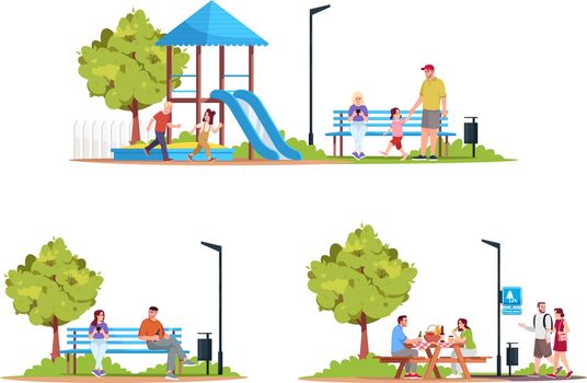 People in recreation area semi flat RGB color vector illustrations set