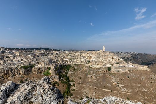 Panoramic view of Sassi di Matera a historic district in the city of Matera from the Belvedere di Murgia Timone,  Basilicata, Italy 