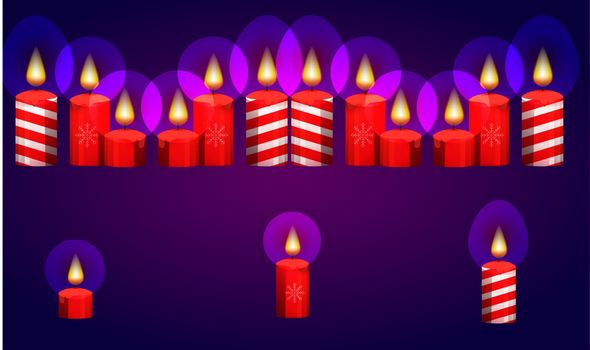 burning of various Christmas candles on abstract background