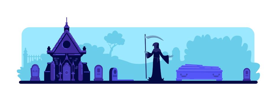 Grim reaper at cemetery flat color vector illustration