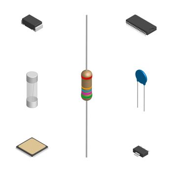 Set of different 3D electronic components, vector illustration.