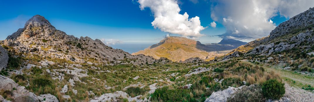 Panorama landscape of mountains Serra de Tramuntana on Majorca island, Spain